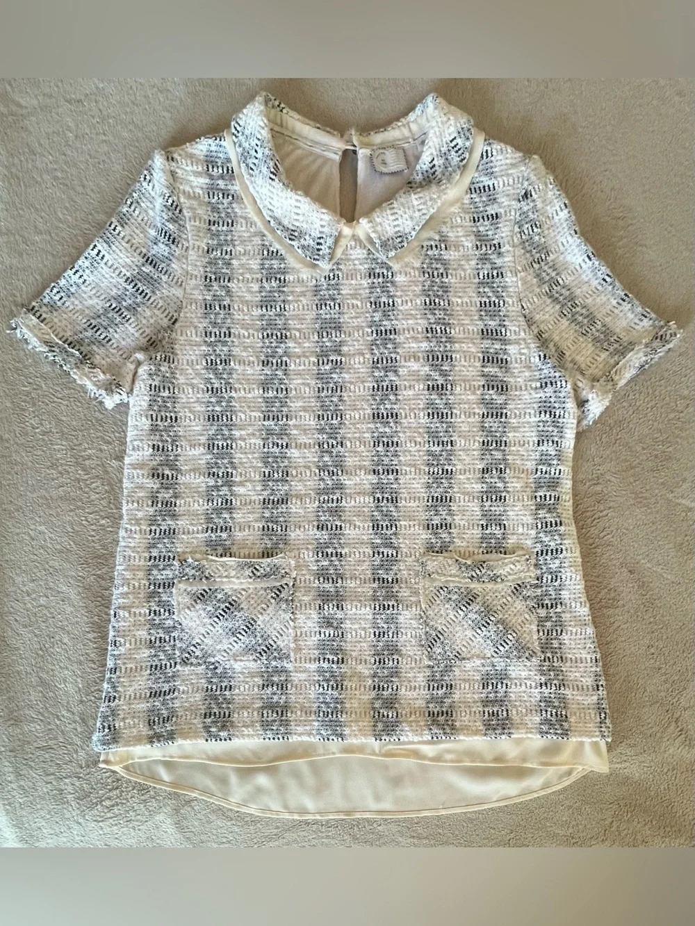 Anthropologie 9-H15 STCL Cream Short-Sleeve Tweed Top with Peter Pan Collar